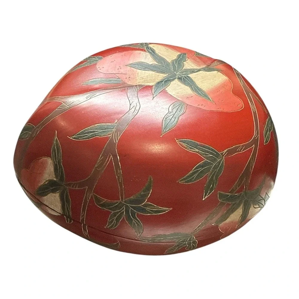 Vintage Japanese Red Lacquer Box Floral Trinket Bowl‎ Lidded Wood Decor